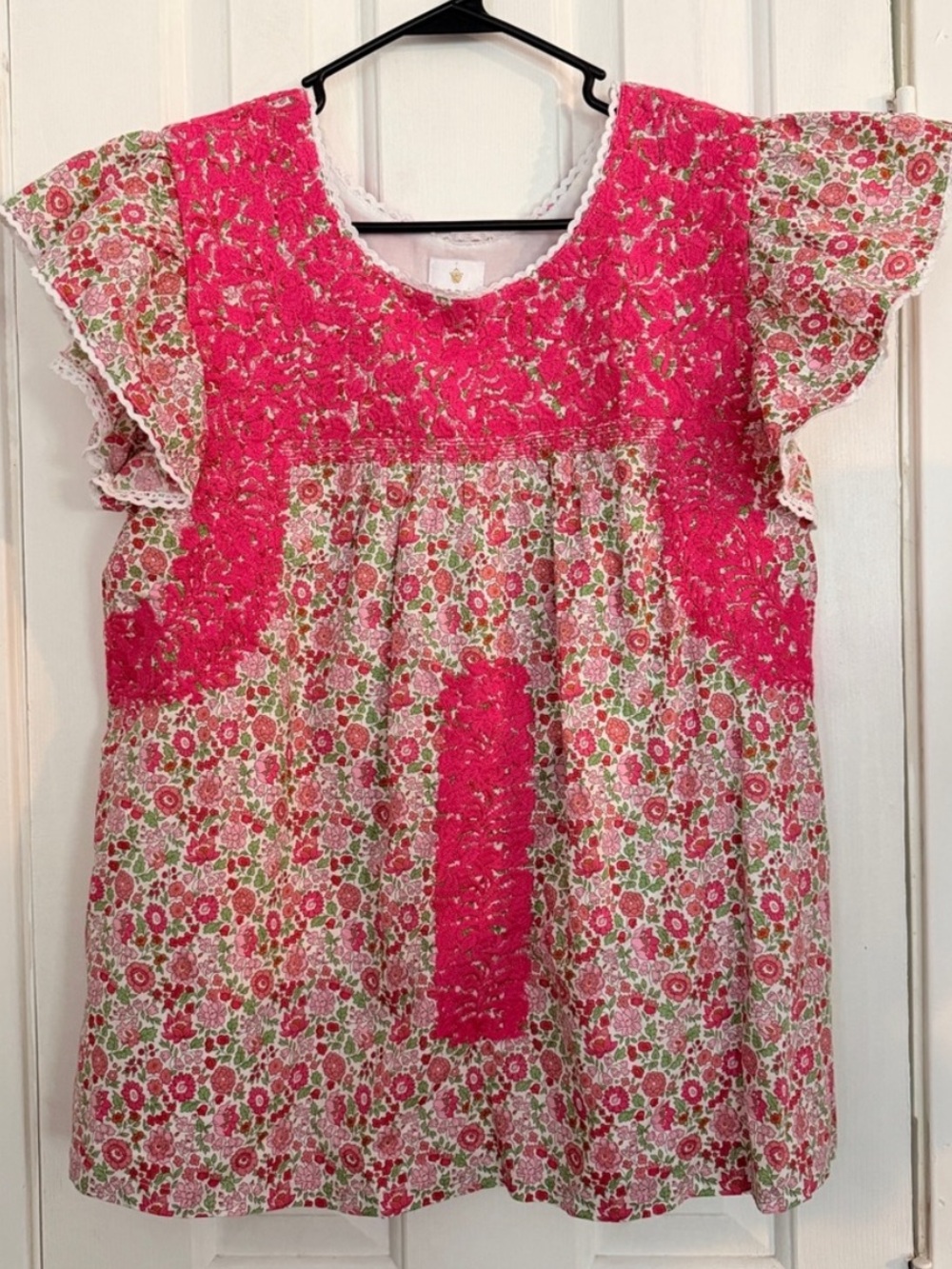 J.Marie Pink Embroidered Floral Flutter-Sleeve Top Size Large